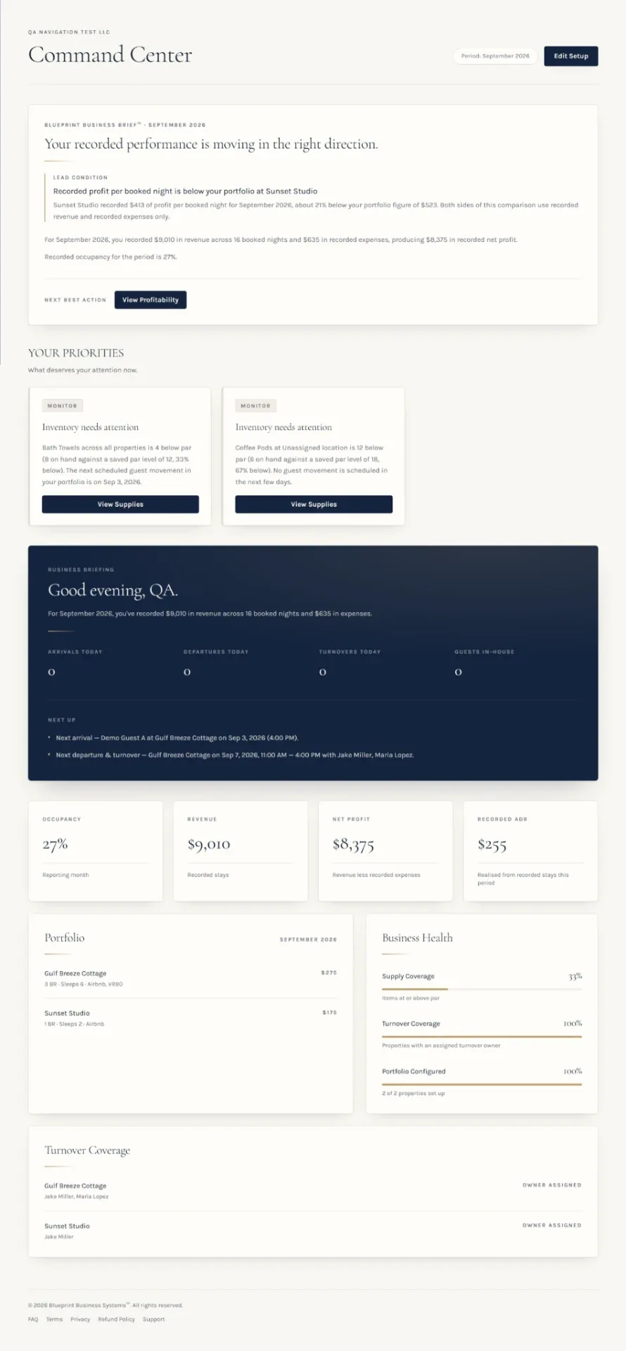 Blueprint Command Center for September 2026 showing the Business Brief, priority cards, business briefing, recorded performance metrics, portfolio, business health, and turnover coverage.