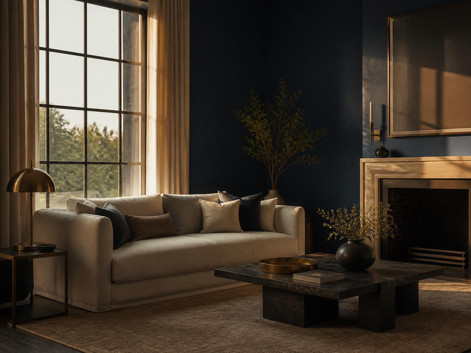 Warmly lit upscale rental living room at golden hour